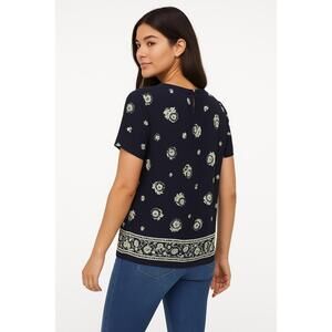 LOFT Outlet Blouse Womens Large Navy Blue‎ Floral Short Sleeve Casual Preppy